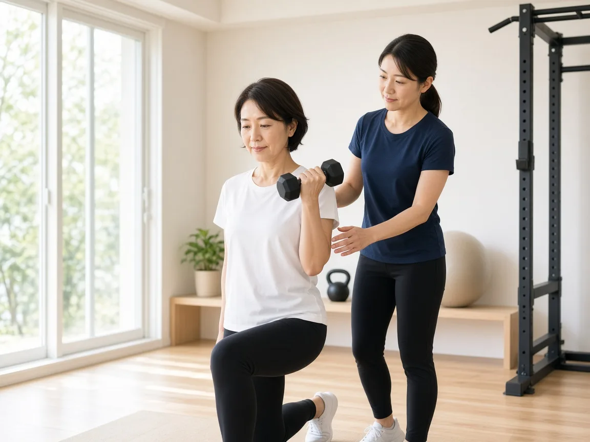 明るい個室で40代女性がトレーニングに取り組む様子