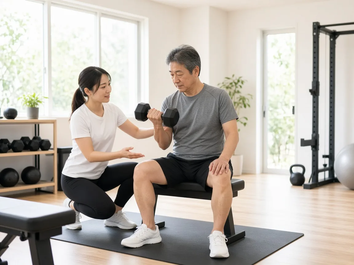 明るい個室で50代男性がトレーニングを受ける様子