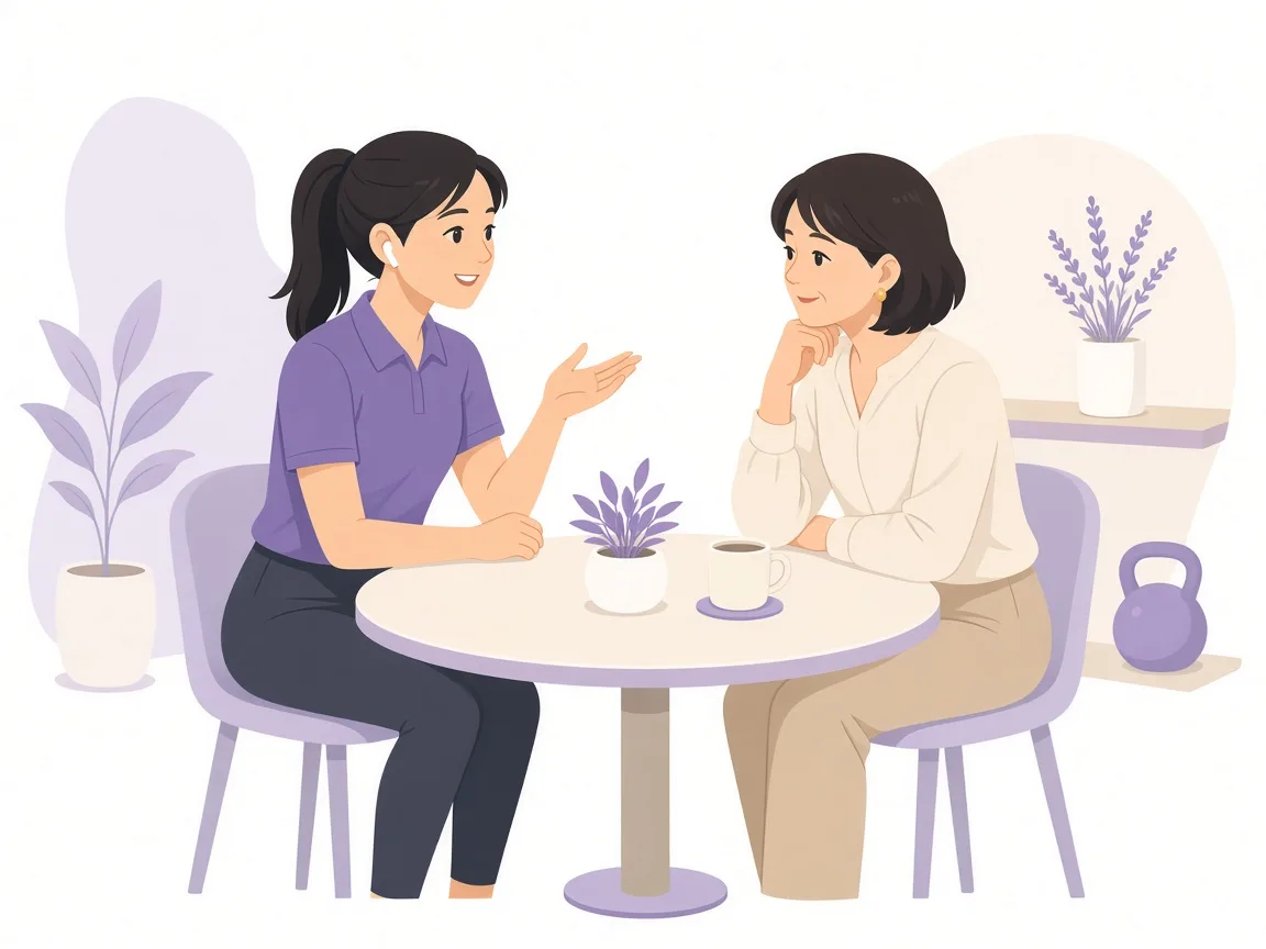 女性トレーナーが40代女性とカウンセリングを行う様子のイラスト