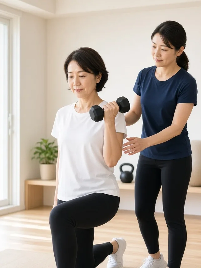 40代女性がダンベルショルダープレスを行い、女性トレーナーがサポート