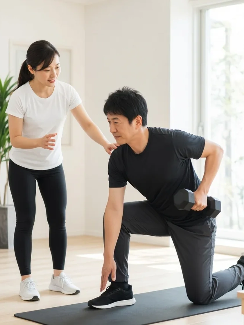 30代男性がスミスマシンで休憩し、女性トレーナーがプランを確認